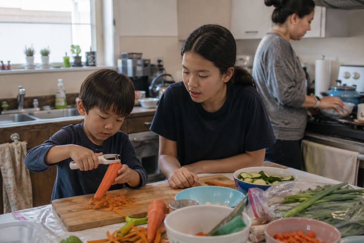 Child preparing vegetables at a kitchen table with guidance from an older child