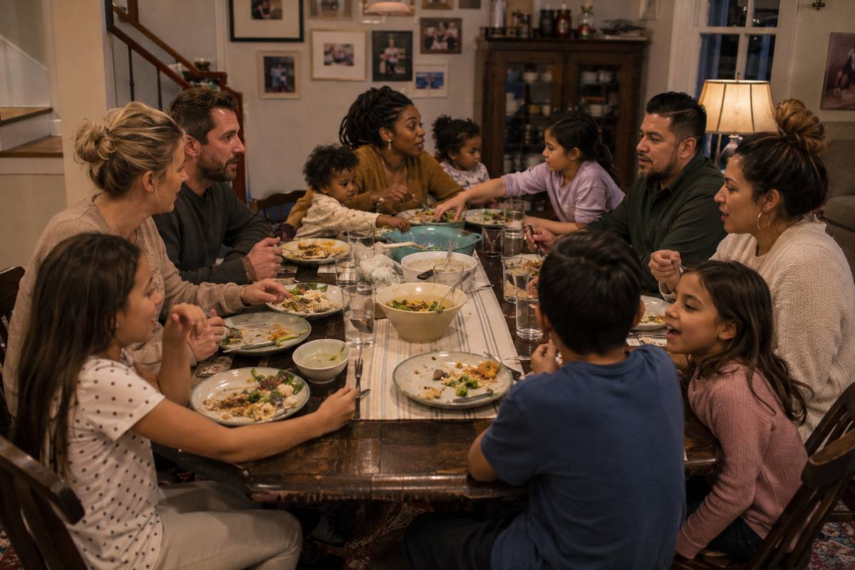 Several families and children eating together around a long shared dinner table