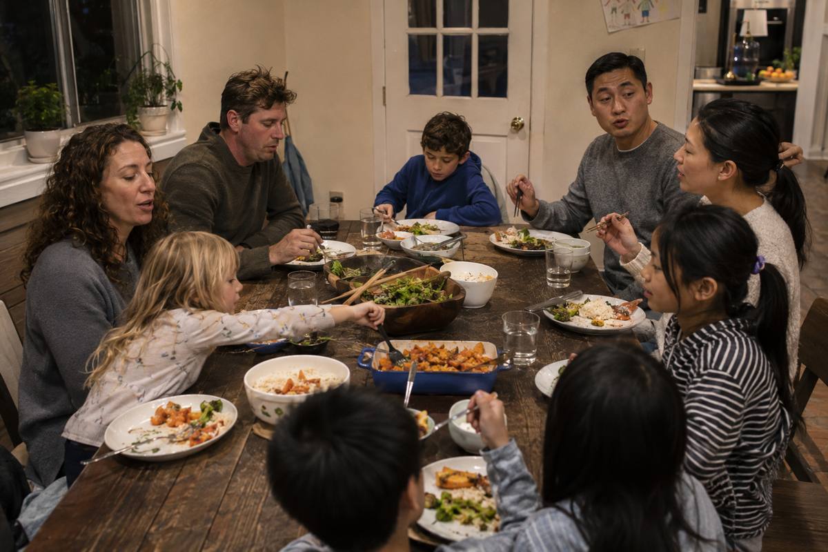 Two families with children and adults eating together around a shared dinner table